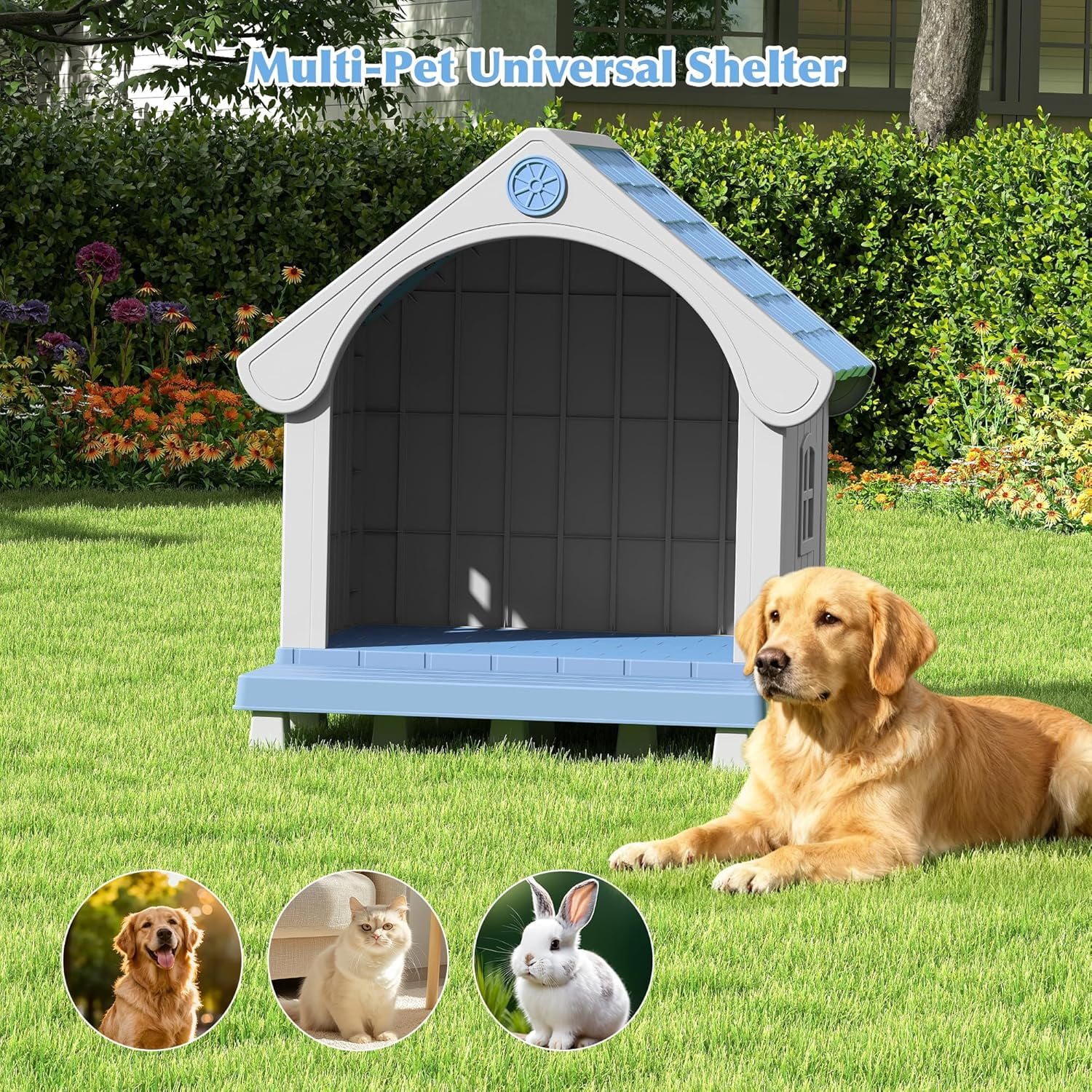 Dog House Outdoor Weatherproof with Porch for Small Medium Dogs, Durable Plastic Pet House with Sloping roof and Elevated Floor, Easy Cleaning and Assemble (Blue)