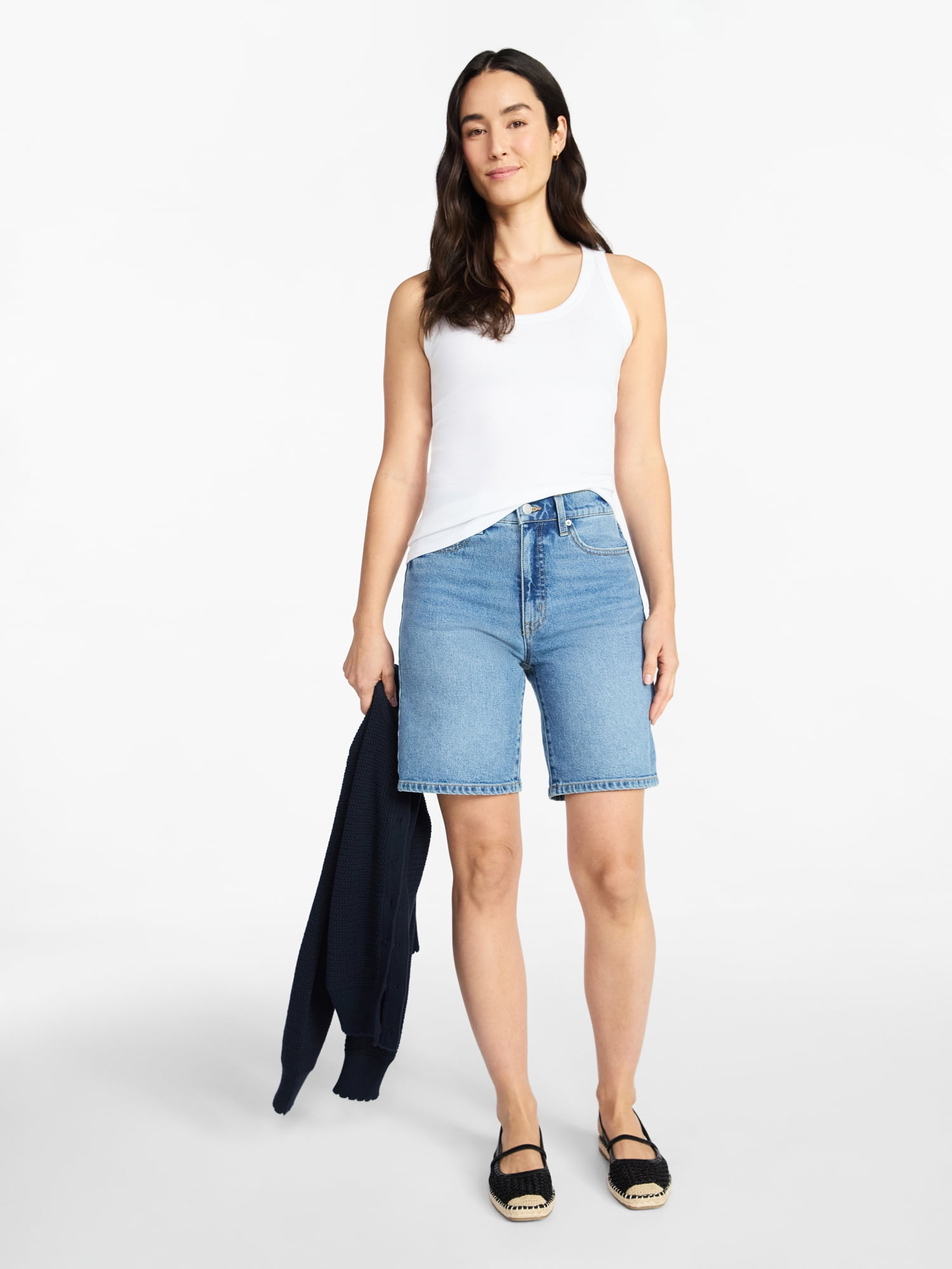 Time and Tru Women's High Rise Denim Bermuda Shorts, 9" Inseam, Sizes 0-20
