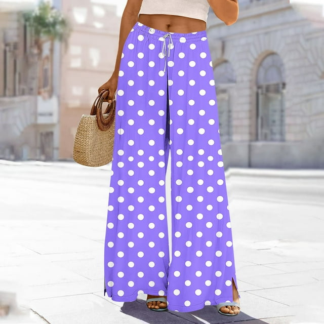 Soki Womens Wide Leg Pants Elastic Drawstring Beach Vacation Palazzo Loose Polka Dots Printed Comfy Trousers with Pockets