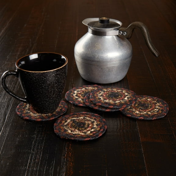 VHC Brands Beckham Coasters, Jute Blend, Red Black Tan, Round Circle, Set of 6 Coasters