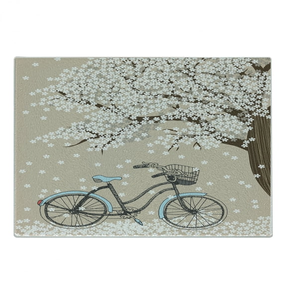 Bicycle Cutting Board, Blossoming Tree Little White Flowers in the Spring and a Bike Sketch Art, Decorative Tempered Glass Cutting and Serving Board, Small Size, Multicolor, by Ambesonne