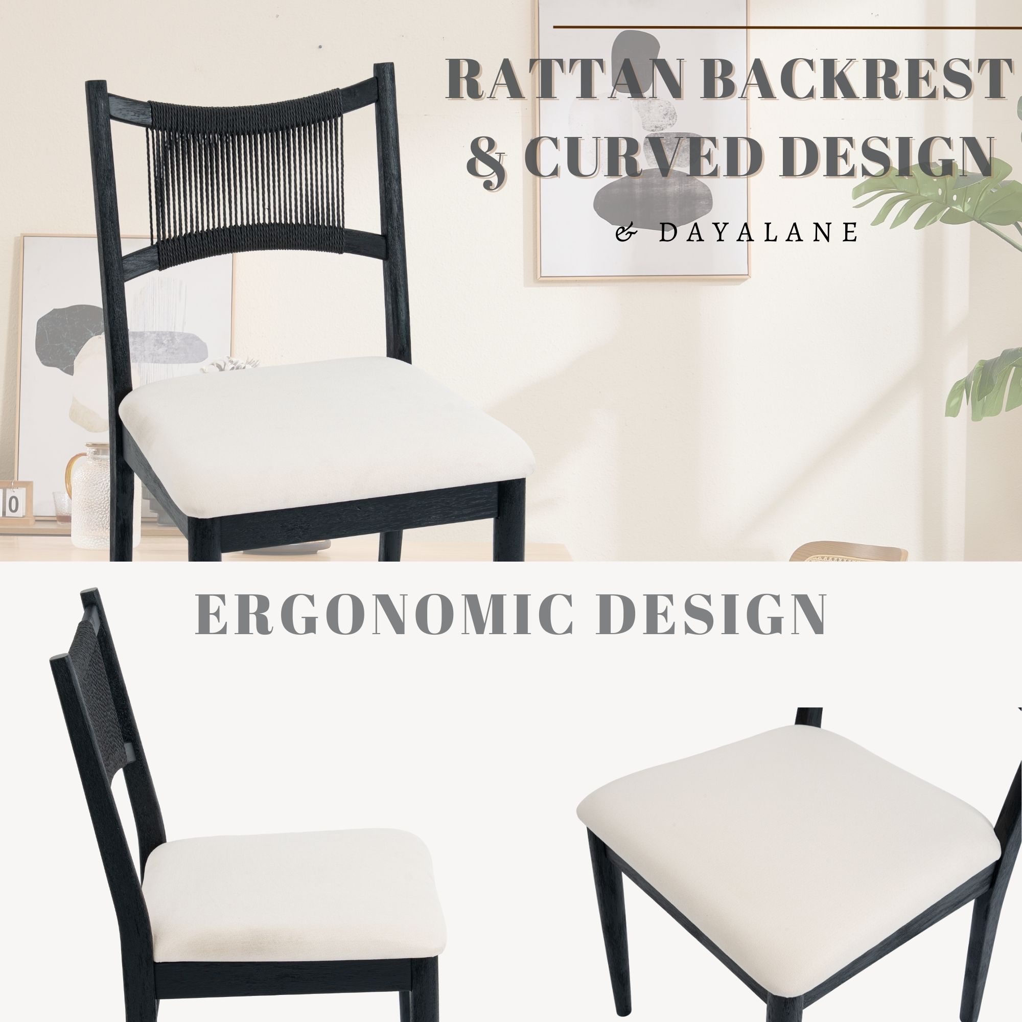 Dayalane Mid-Century Farmhouse Rattan Back Upholstered Dining Chair Set of 6, Woven Kitchen Chair with Solid Wood Frame for Breakfast, Restaurant, Bistro, Linen Black