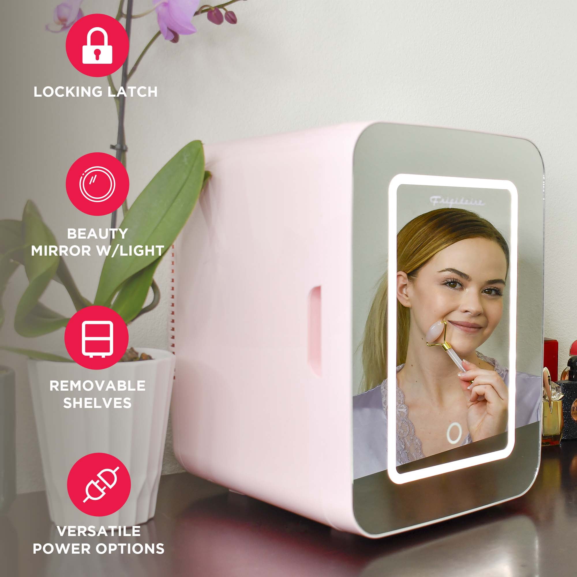 Frigidaire 6.5L 9 Can Mini Lighted Beauty Mirror Fridge Pink - compact, portable skincare fridge with mirror ideal for cosmetics, travel, and small spaces.