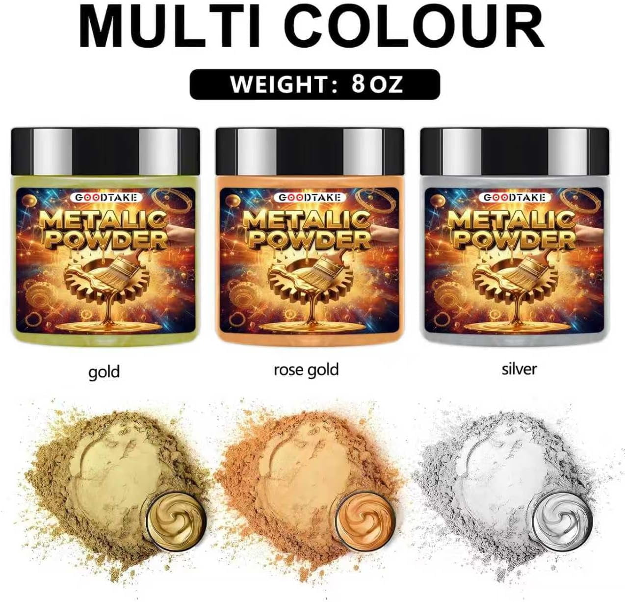GOODTAKE Metallic Mica Powder for Epoxy Resin, Silver Metallic Powder, Fine Real Mica Metal Dye for Painting Arts, Polymer Clay, Tray, Countertops (Silver, 8 Ounce)