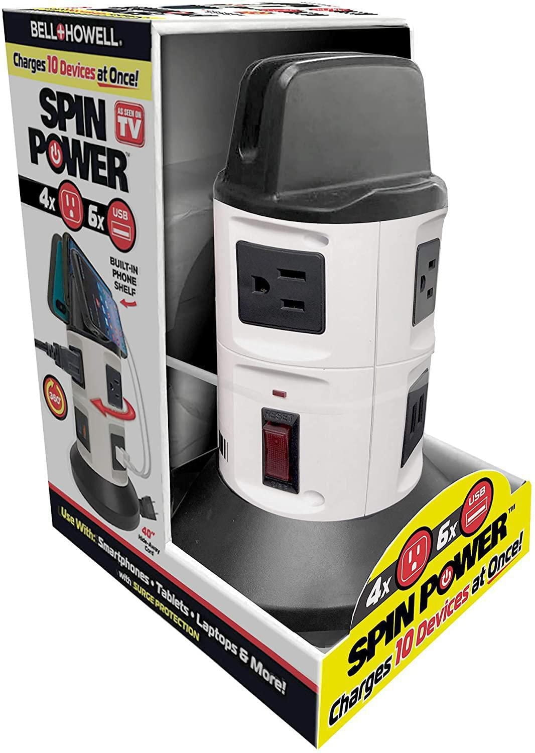 Bell + Howell Spin Power Surge Protector Charging Station – 4 Outlets, 6 USB Ports, 7ft Retractable Cord, Built-in Phone Holder