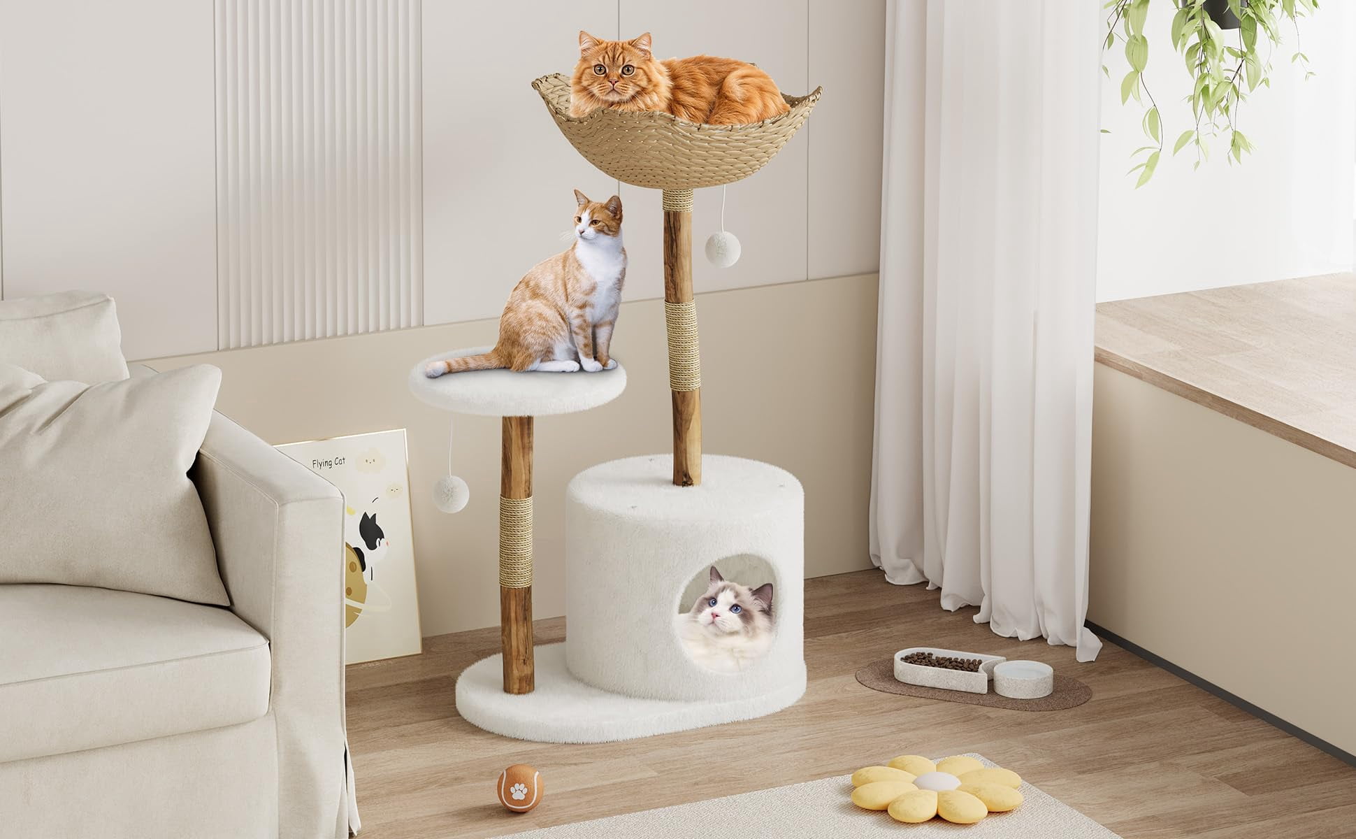 Yeshouse Boho Aesthetic Real Wood Cat Tree, Indoor Cat Tower with Scratching Post, Bed & Wicker Condo for Cats