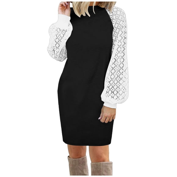 TopLLC Long Sleeve Round-Neck Dress Fashion Women Pullover Long Sleeve Patchwork Casual 0-Neck Sweatshirt Dress Women Dress