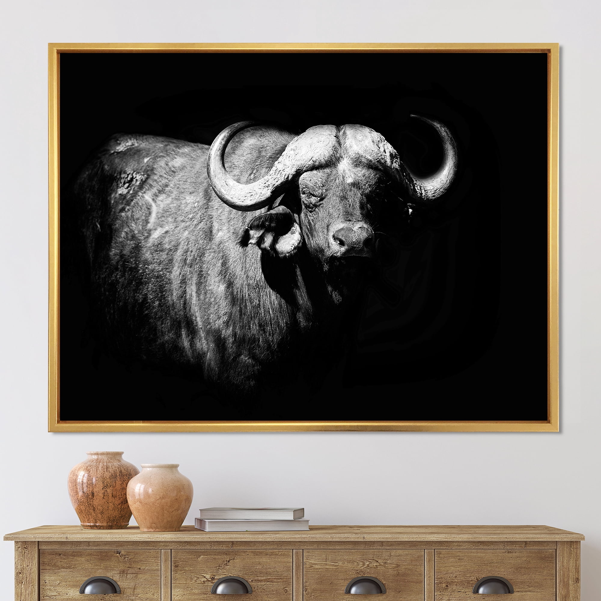 Designart 'Black and White Portrait Of Buffalo I' Farmhouse Framed Canvas Wall Art Print
