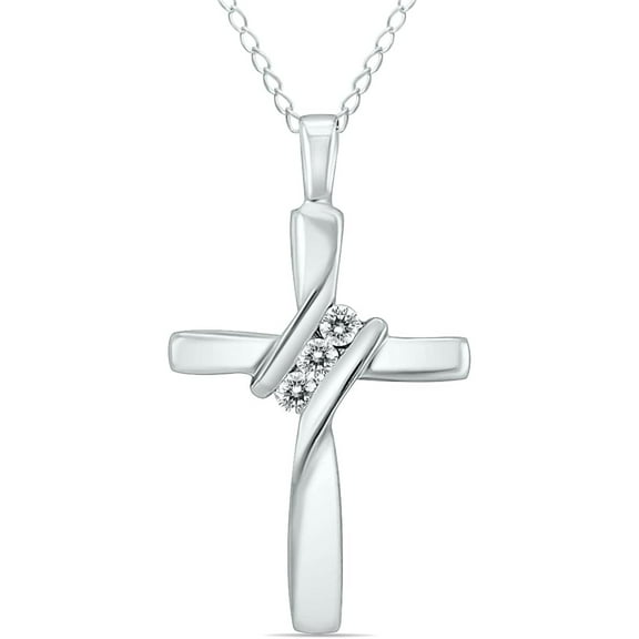 JewelsYard Created Round Cut White Diamond Real 925 Sterling Silver 14K White Gold Finish Three Stone Diamond Cross Pendant Necklace Christmas Gift for Women