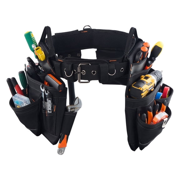 Electrician & Carpenter Tool Belt - Professional 18-Pocket Utility Pouch, Heavy-Duty Adjustable Work Apron with Detachable Bag, Organizer for Construction (31in to 51in)