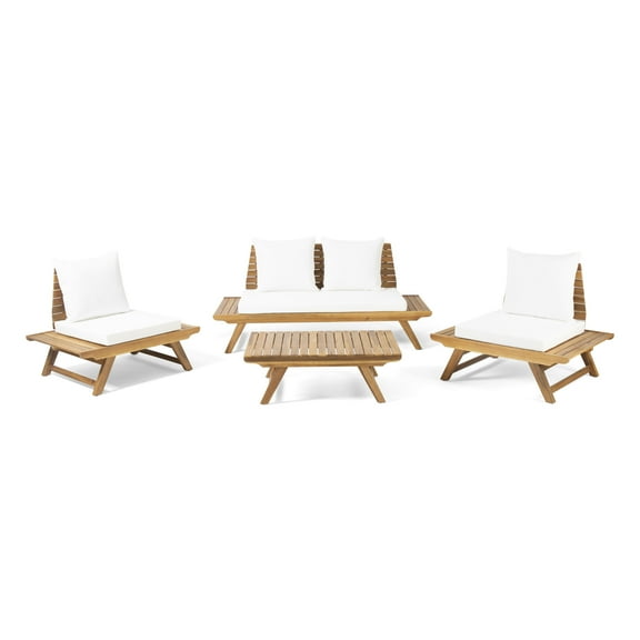 GDF Studio Kaiya Outdoor Acacia Wood 4 Seater Chat Set, Teak and White