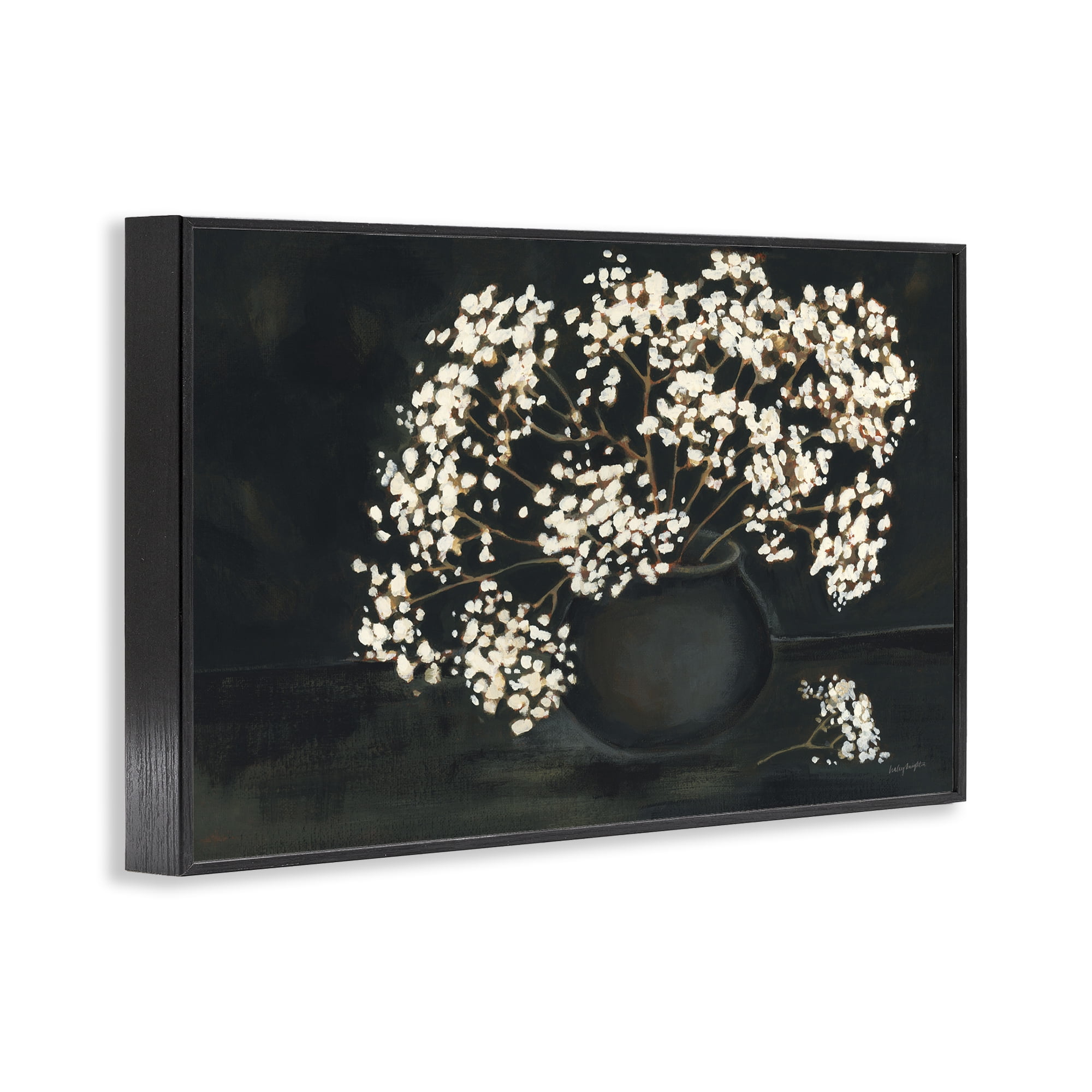 Stupell Industries Baby's Breath on Black Botanical & Floral Painting Black Framed Art Print Wall Art, 18 x 12