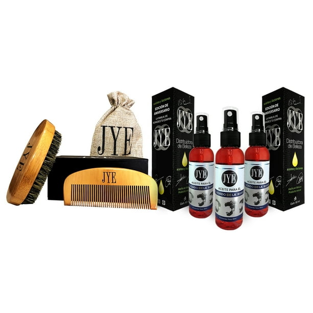Kit de Peine y Cepillo de madera Estuche Edición Especial Incluye 3 Aceites para el Cuidado de Barba JYE Natural