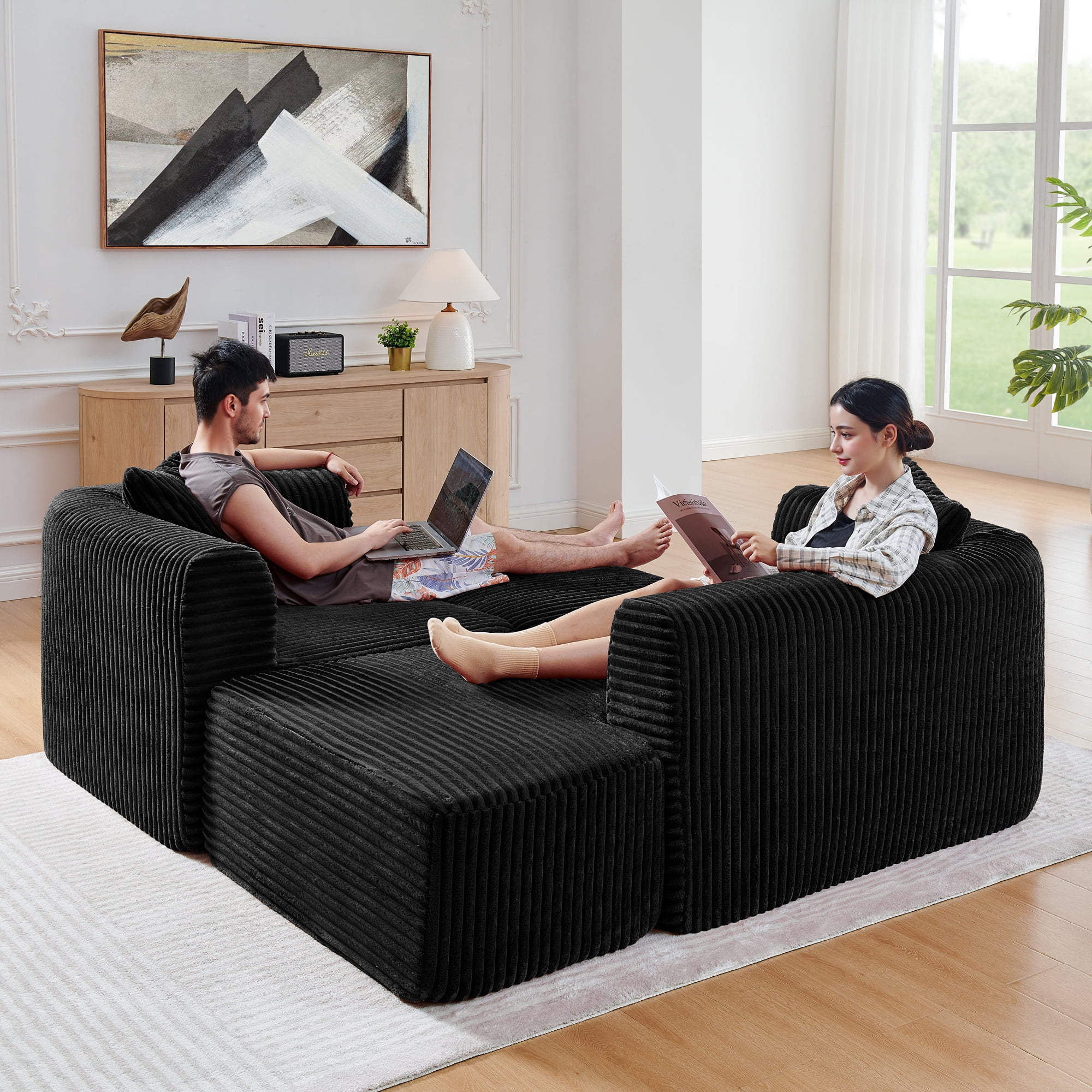 114" Cloud Sectional Sofa with L-Shape Chaise Lounge, Modular Design Includes a Movable Ottoman, Plush Corduroy Fabric, Arrives Fully Assembled for Instant Comfort, Black