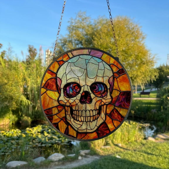 Skull Painted Stained Glass Suncatcher, Window Hanging Decor, Outdoor Sun Catcher, Halloween Decor