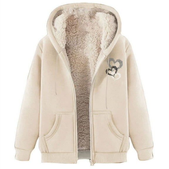 VBVC No Boundarie Women's Heart-Embellished Hooded Jackets,Full-Zip Fall Winter Hoodies For Women,Ladies Winter Outerwear with Pockets,Beige,Size XXXL