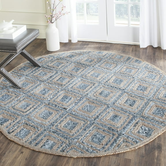 SAFAVIEH Cape Cod Alayna Geometric Area Rug, Natural/Blue, 4' x 4' Round