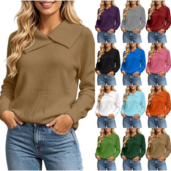Yertdoel Women's Sweaters Solid Asymmetric Lapel Long Sleeve Knit Sweater Daily Stylish Casual Cozy Warm Pullover Tops