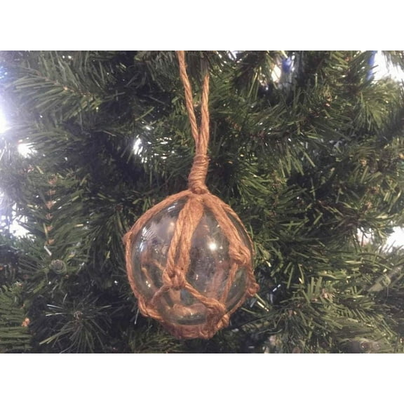 Clear Japanese Glass Ball Fishing Float With Brown Netting Decoration Christmas Ornament 3"- Xmas Decor- Glass Ornament