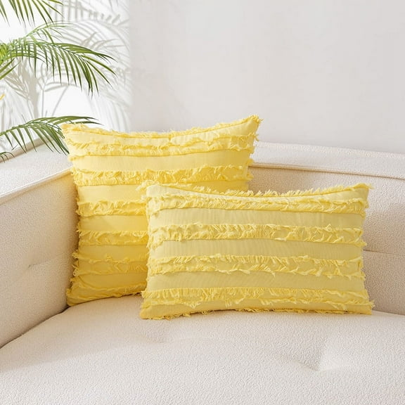 ERDOUY Set of 2 Throw Pillow Covers Linen Striped Cushion Covers 12x20 Inch Light Yellow