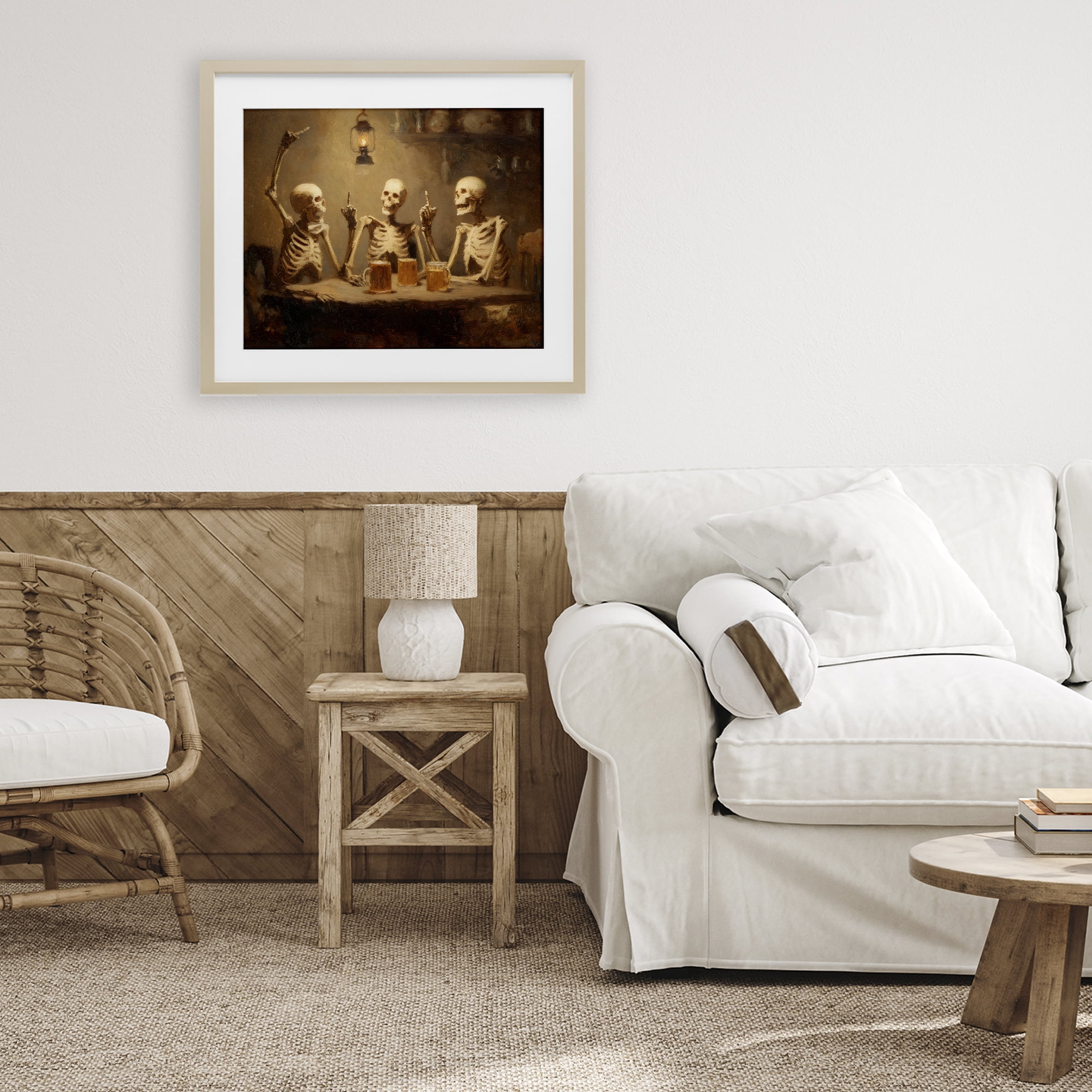 Skeletons Drinking at Tavern Birch Framed Print Under Glass, design by Arlington Prints