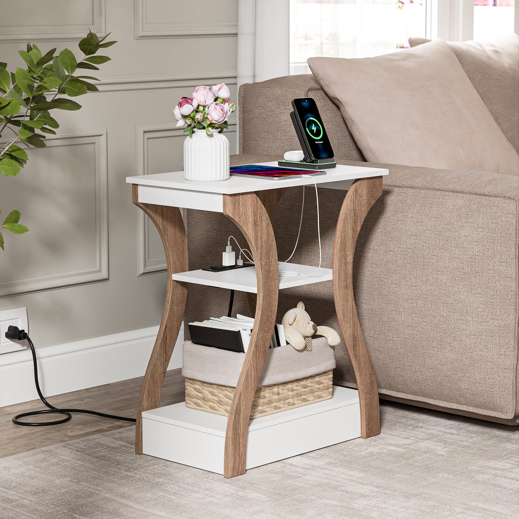 ZENSTYLE Side Table 3 Tier End Table with Charging Station Nightstand with USB Storage Shelf White