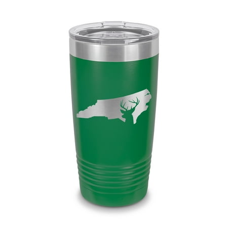

North Carolina Deer State Tumbler 20 oz - Laser Engraved w/ Clear Lid - Stainless Steel - Vacuum Insulated - Double Walled - Travel Mug - buck hunt hunting rifle nc - Green