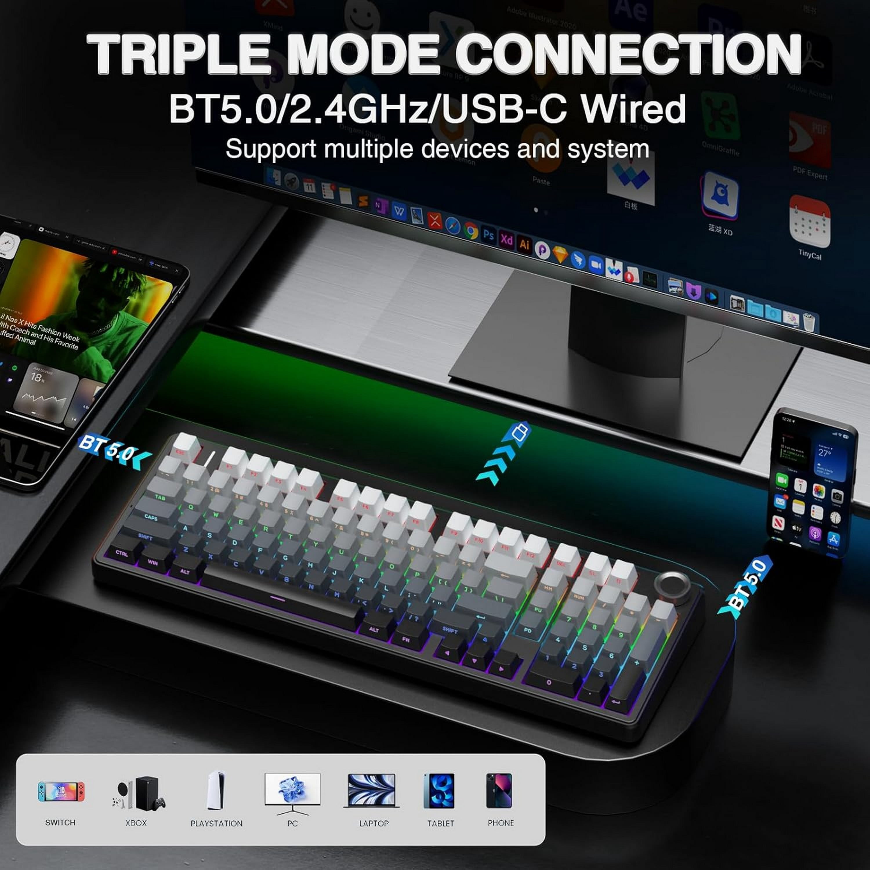 AULA F99 PRO Wireless Mechanical Gaming Keyboard, 95% Layout, Hot Swappable Creamy Switches, Tri-Mode BT5.0/2.4GHz/Type-C, RGB Backlit with Multifunctional Knob, 8000mAh Battery - Black Gradient