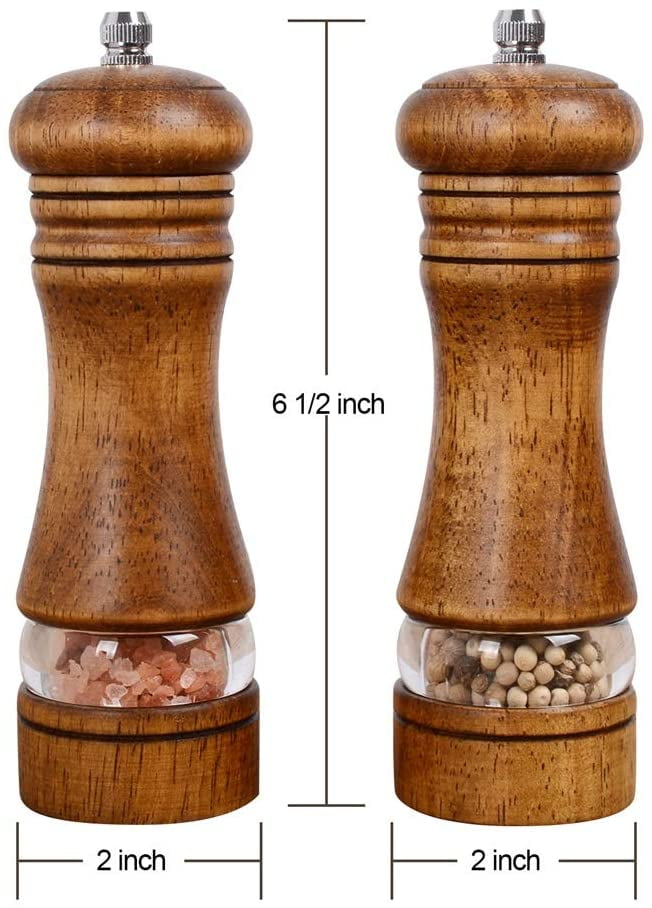 Haomacro Pepper Grinder,Wood Salt and Pepper Grinder Mills Sets Classic Manual Salt Grinder Refillable Pepper Mill Sets with Acrylic Visible Window Adjustable Ceramic Grinding Rotor 6.5inch 2 Pack 