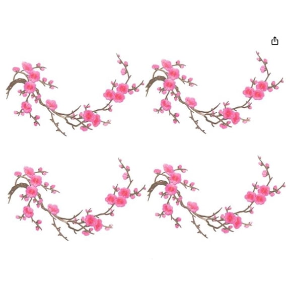 Cherry Blossom Iron Patch, 4 Pieces Cherry Blossom Patches, Embroidered Iron On or Sew On Flower Applique with Branch Design for Backpack, Jacket, Jeans, Tote Bag, Dress and DIY Decoration
