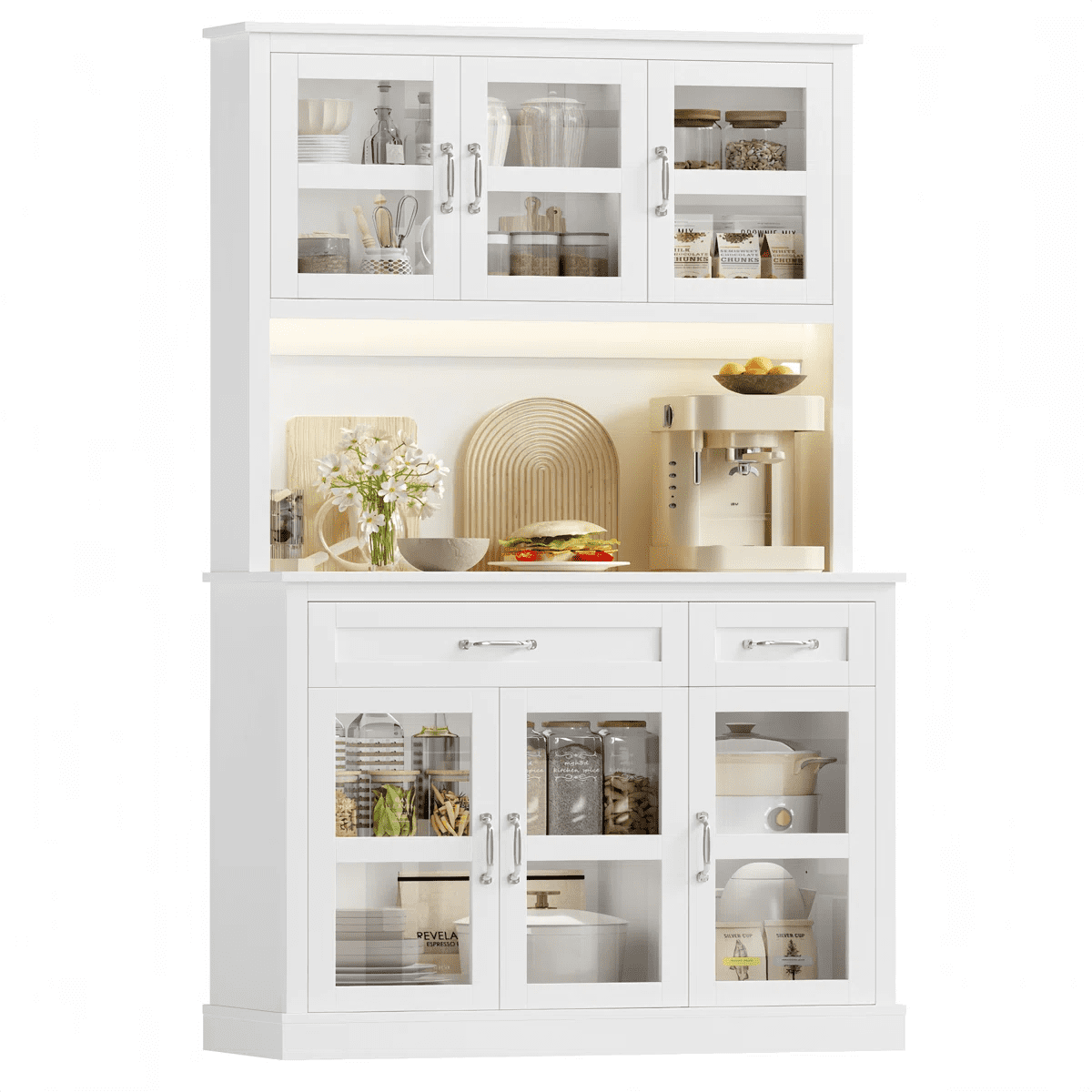 Hiphuta 71" Kitchen Pantry Cabinet with Charging Station & Light, Tall Pantry Large Storage Space Cabinet with Microwave Stand, Modern Freestanding Hutch with Countertop for Dining Room, White