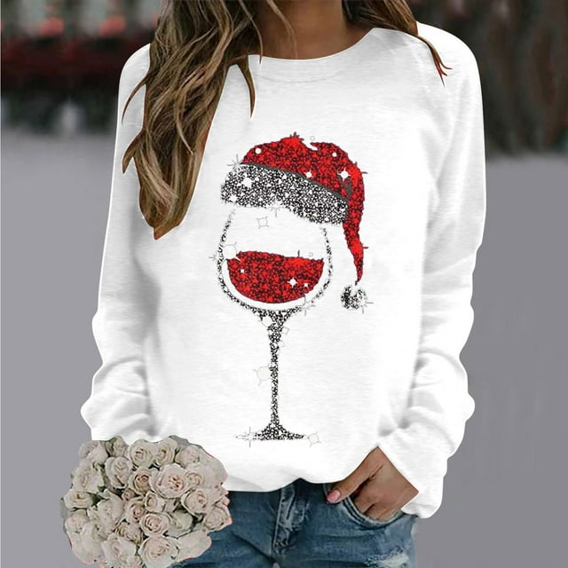 Amzcrzy Chandail de Noël pour Femmes Mode Imprimé Verre de Vin Rouge Manches Longues Hauts pour Femmes Décontracté Confortable Col Rond Chandails d'Automne pour Femmes