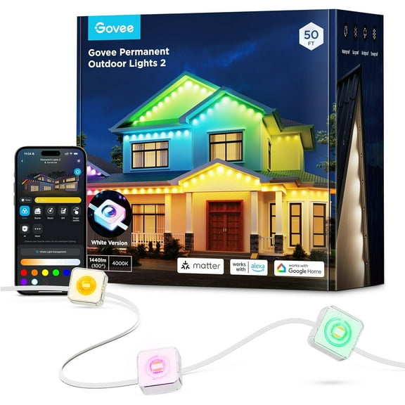 Govee Permanent Outdoor Light 2 (Elite), RGBICW 16  Million Colors Outside Lights with 100 preset modes,IP67 Waterproof,Holiday Decorations For Christmas,Google,Alexa Support,50ft,White