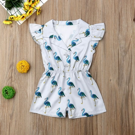 Baby Flamingo - Toddler Baby Girl Flutter Sleeve Flamingo Print Romper Jumpsuit Botton-Down Top Blouse Outfit