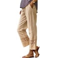 thumbnail image 3 of Lumtrix Cropped Cotton Linen Pants Women Drawstring Straight Leg Lace Patchwork Summer Casual Beach Boho Pants Capris with Pockets Beige XL, 3 of 5