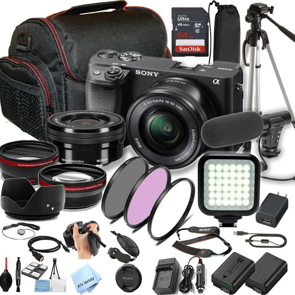 Sony a6400 Mirrorless Camera with 16-50mm Lens   64GB Memory, Spare Battery, Filters,Case, Tripod, Video Light, Microphone and More (Content Creator Bundle)