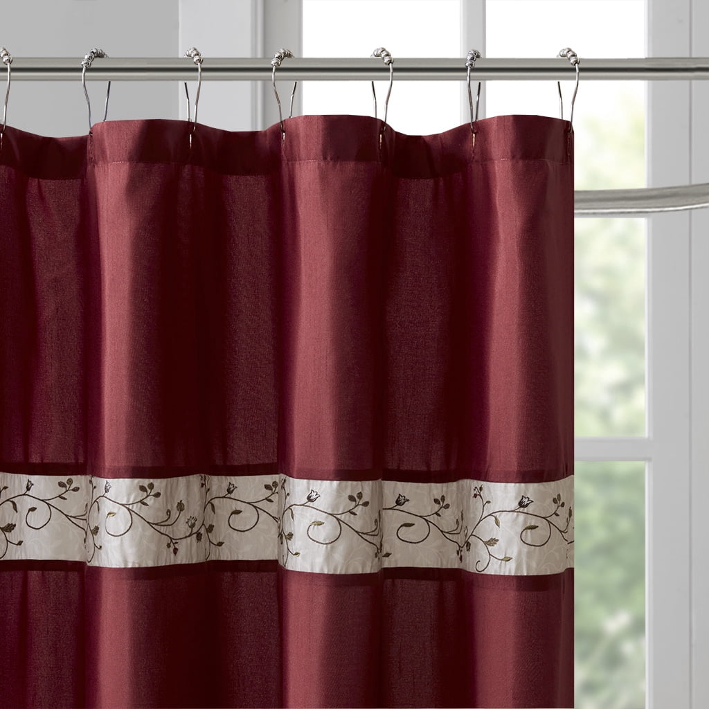 MAYEERTY Faux Silk Embroidered Floral Shower Curtain, Machine-Washable