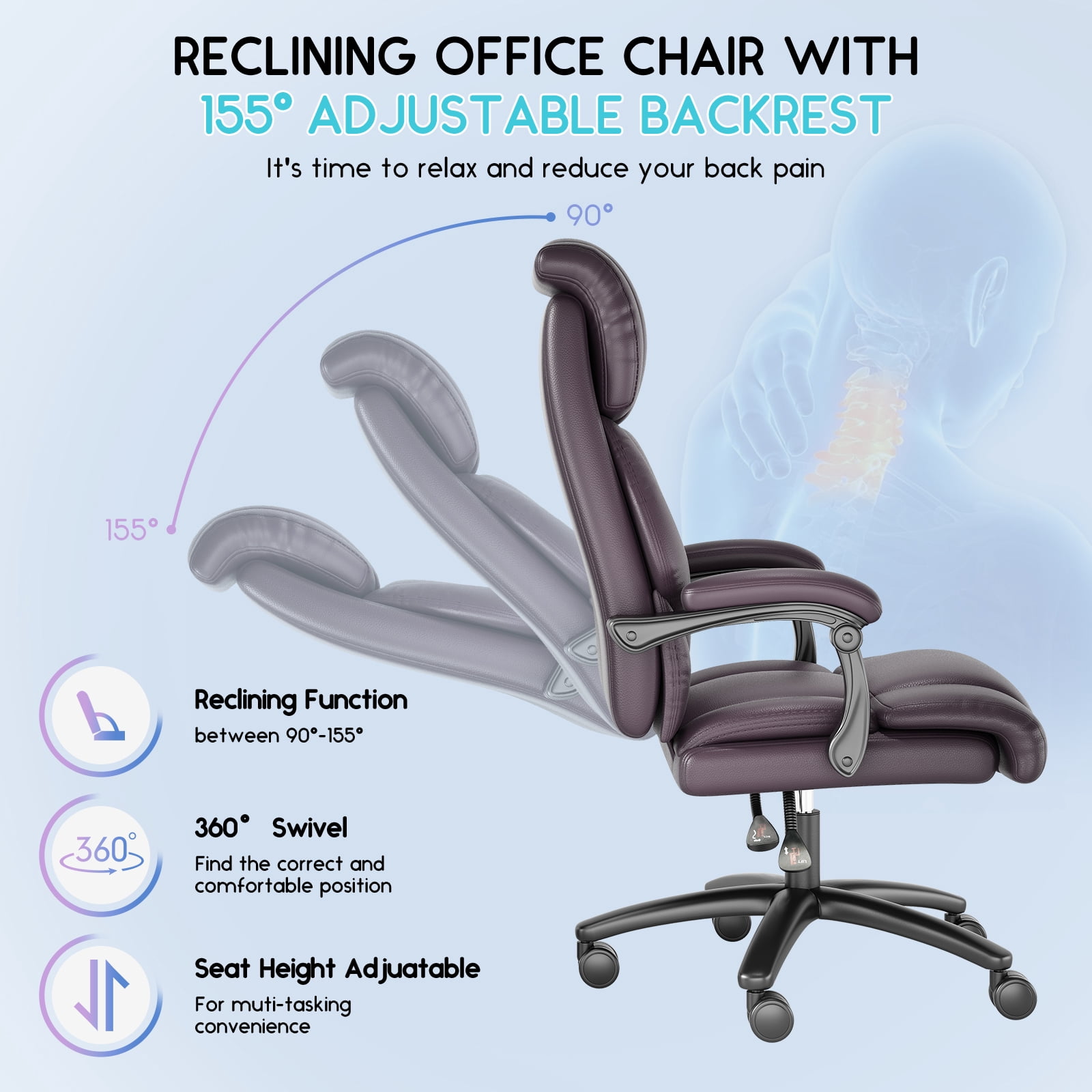 Ninecer Reclining Office Chair, Comfortable and Heavy Duty Executive Office Desk Chair, Brown (Set of 1)