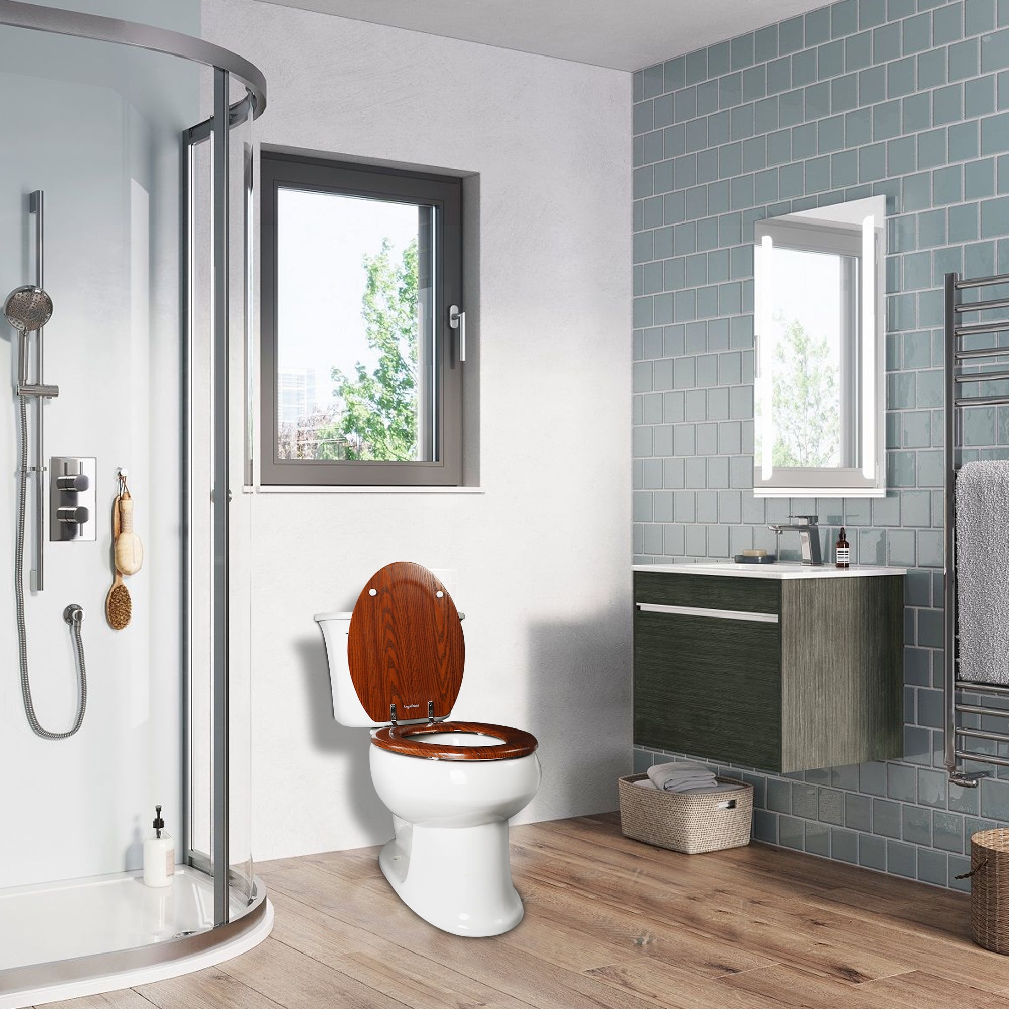 Elongated Toilet Seat Molded Wood Toilet Seat with Quietly Close and Quick Release Hinges, Easy to Install also Easy to Clean by Angol Shiold (Elongated, Brownish Yellow)