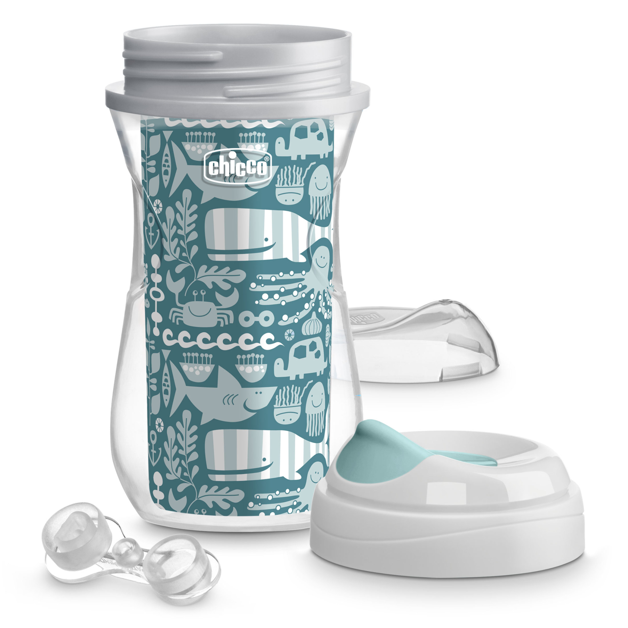 Chicco 9oz. Insulated Rim Trainer with Bite-Resistant Spout and Double-Wall Insulation, 12m+, 2-Pack - Ocean Print/Surf, New