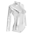 thumbnail image 2 of IBTOM CASTLE Women's Dance Ballet Leotards Long Sleeve Metalic Shiny Leather Turtleneck Gymnastics One Piece Lycra Bodysuits Dancewear M Silver, 2 of 8