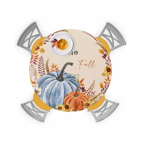 

Round Tablecloth with Elastic Fall Thanksgiving Blue Orange Pumpkin Sunflower Leaves Waterproof Stain-proof Table Cover Wipeable Fitted Table Cloths for 36 -44 Round Tables Dining Kitchen