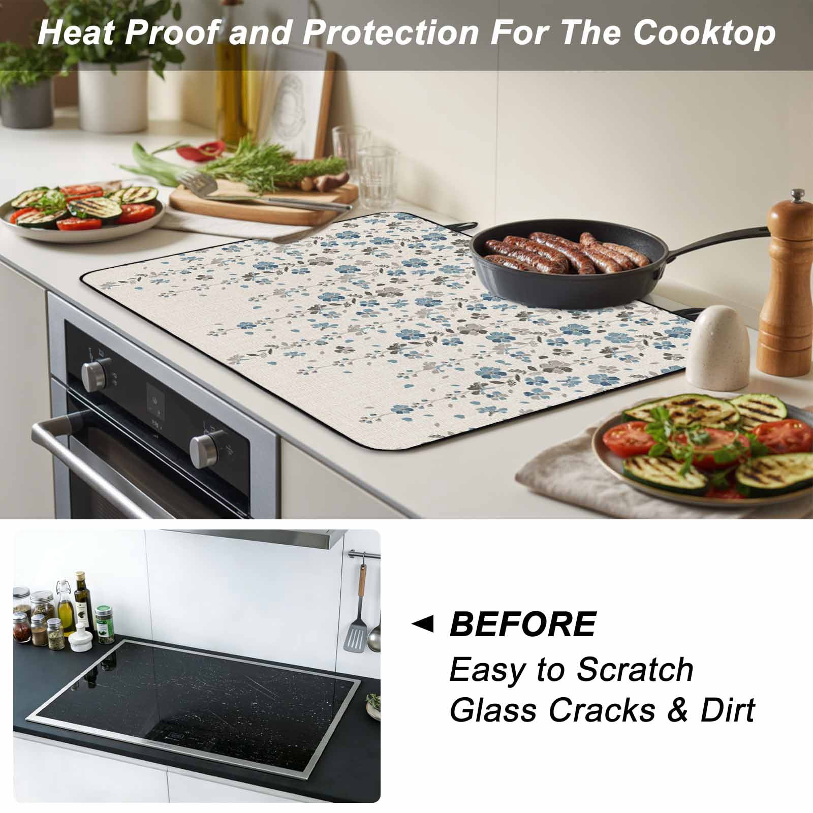 Weeping Flowers Stove Top Cover for Electric Stove, Heat-proof & Non Slip Glass Top Stove Cover Protector, Blue Grey Spring Floral Botanical Rustic Burlap Kitchen Flat Cooktop Rubber Mat 31x24 Inches