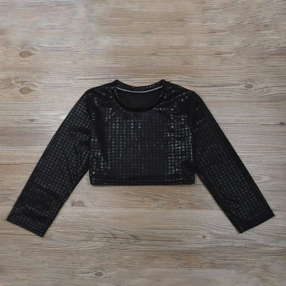 Huowey Girls Boys Dance Crop Top Polka Dot Sequin Shirt Long Sleeved Round Neck Tee Stage Performance Festival Party Dress Up Clothing,Black,18-24 Months