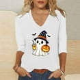 thumbnail image 2 of aohooy 3/4 Sleeve V Neck Halloween Shirt Fall Shirts for Women Cute Ghost with Pumpkin Coffee Cartoon Graphic Blouse Tops Tee White,S, 2 of 5