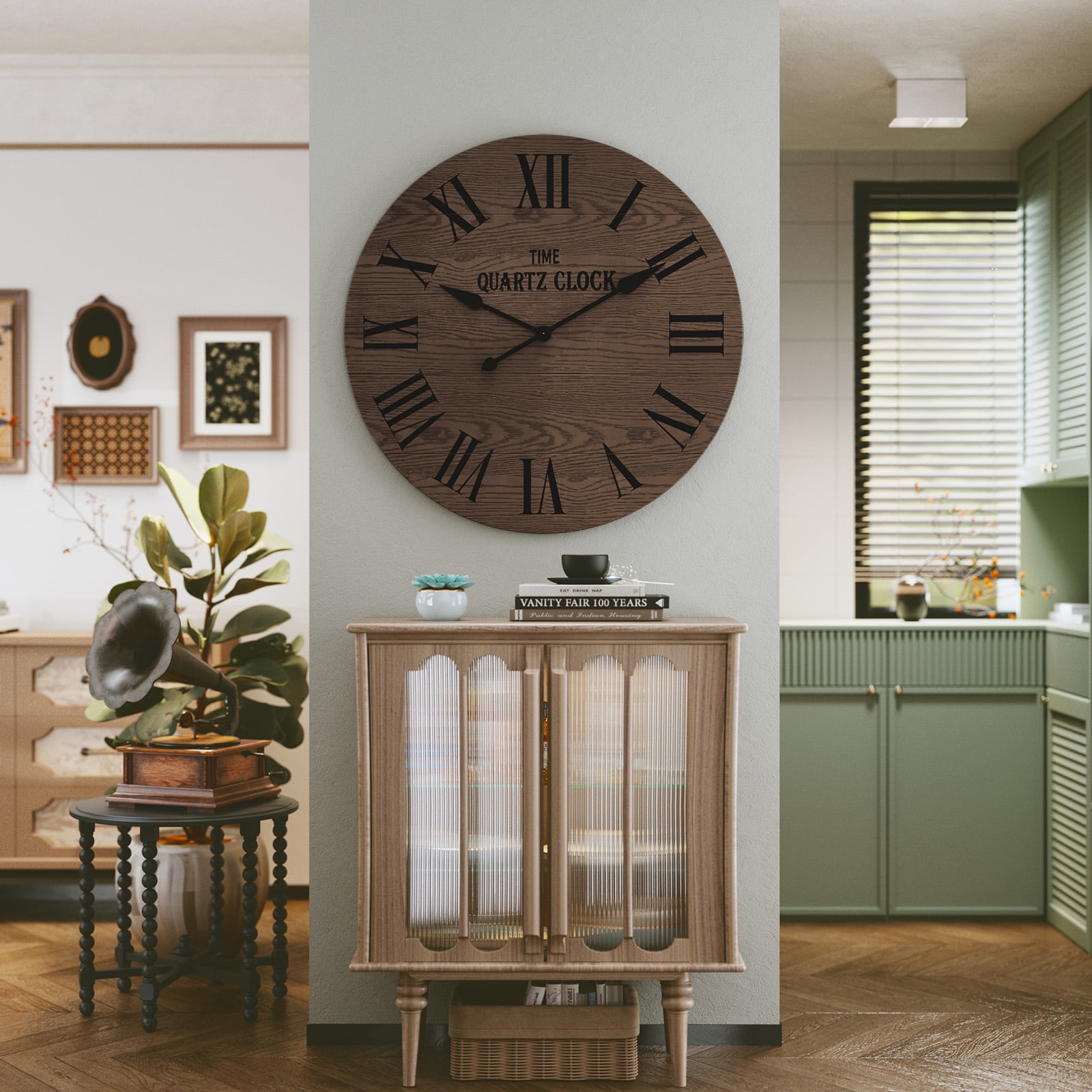 HLR 35.5” Farmhouse Large Shiplap Round Wall Clock with Roman Numeral for Living Room Decor, Brown