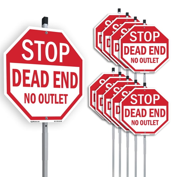 Stop Dead End No Outlet (10 Pack) 10 inch X 10 inch Octagon Plastic Signs with Aluminum Mounting Stakes Weather Resistant UV Protected for Workplace Private Property and Construction