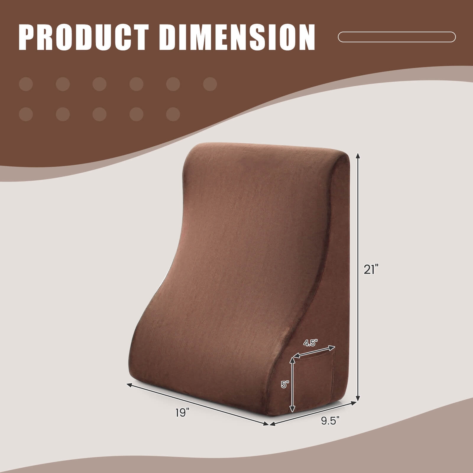 Costway Bed Wedge Pillow with 2 Side Pockets Support for Back Smooth Zipper Brown