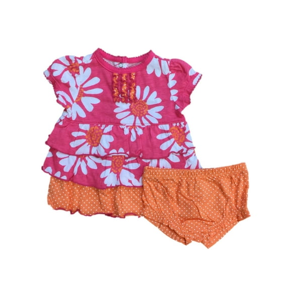 Infant Girls Hot Pink & Orange Floral Daisy Dress & Diaper Cover 2 PC Outfit
