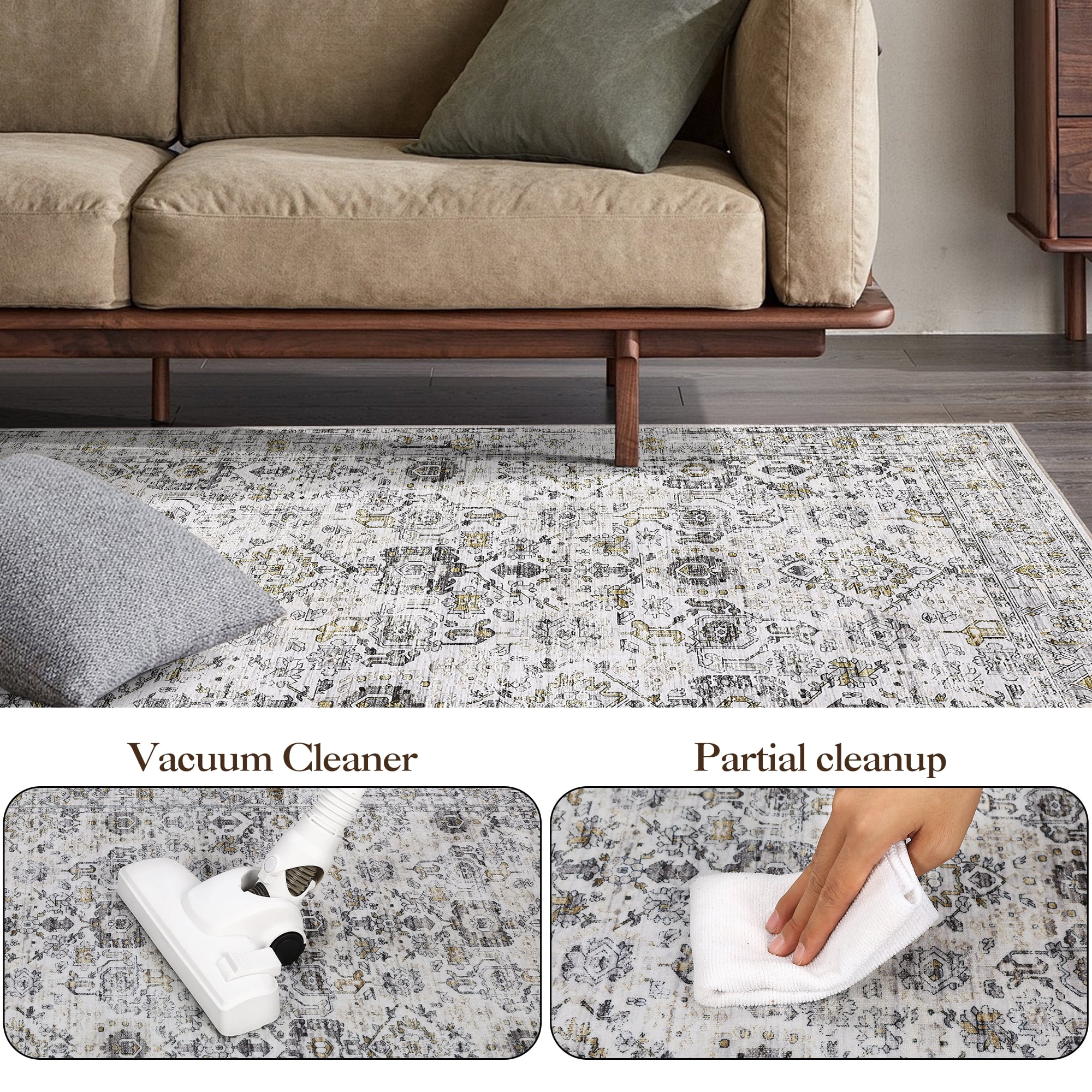 FairOnly 9'x12' Grey Boho Floral Area Rugs for Living Room Low Pile Non Shedding Rugs for Family Room Nursery Carpet